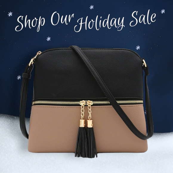 HOLIDAY SALE!! Women's Lightweight Black and Tan Crossbody Bag with Tassels - Picture 9 of 10